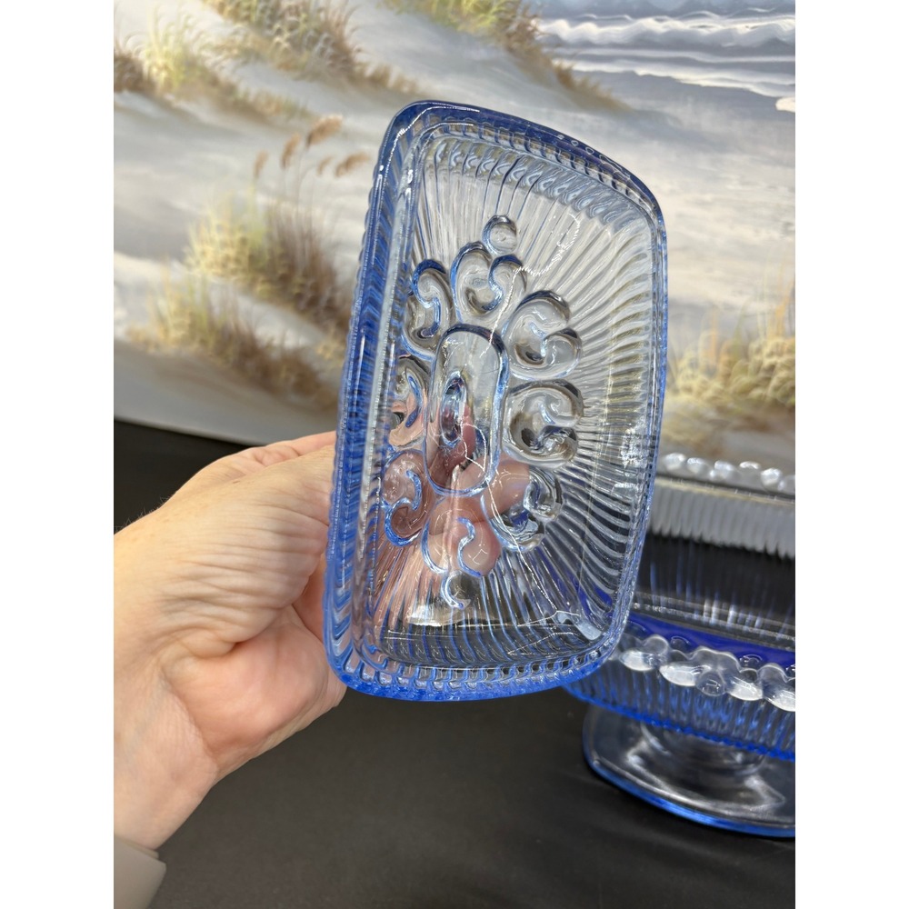 Vintage Indiana Glass Candy Dish & Lid Footed Pedestal Blue Ribbed Lace Edge - Picture 6 of 10